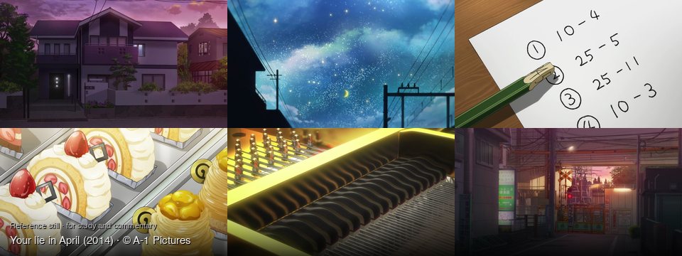 Your lie in April background art — Suburban street at dusk; Urban street at night; on a wooden desk; Inside a bakery display case; Inside a grand piano; A Japanese street at dusk