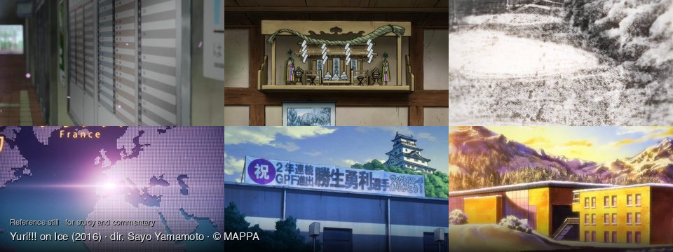 Yuri!!! on Ice background art — School hallway; Inside a traditional Japanese home; Snowy outdoor landscape; Digital world map; a Japanese town; Snowy mountain landscape at sunset