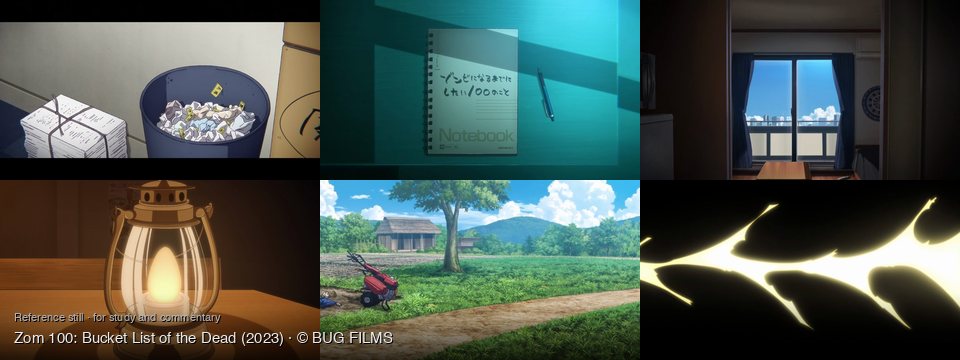 Zom 100: Bucket List of the Dead background art — Indoors, next to a wall; on a teal surface; A room with a view; On a wooden table; Rural field with a house; A dark, empty space