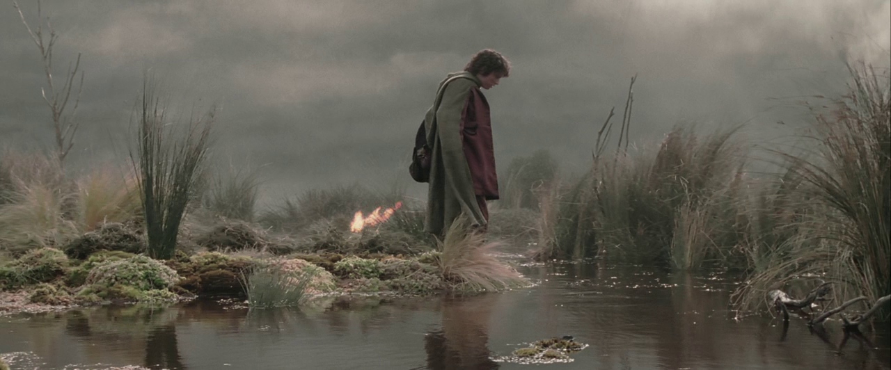 A vast, misty wetland with tall grasses and stagnant pools under grey, heavy clouds. A young man wearing a cloak walks across the low, sodden landscape.
