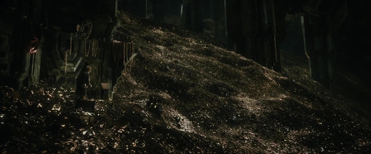 A dark subterranean chamber is filled with a vast, steeply sloped pile of gold. Piles of coins, goblets, and chains cover the stone floor and architectural base.