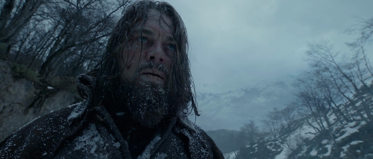 A man in a heavy coat stands amidst a snowy forest with bare trees. He stares forward while snow flakes collect on his hair and beard.