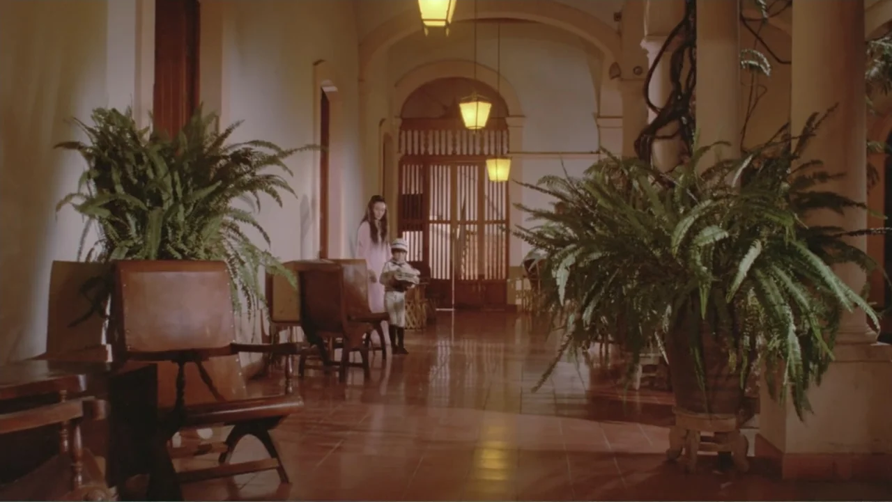 blue hour example from Toña Machetes: A long interior veranda features polished terracotta tiles, arched doorways, and large potted ferns. A young wom