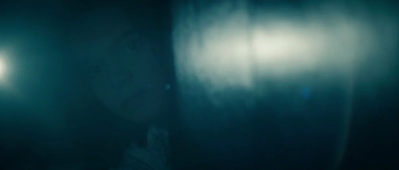 The Purge (2013) movie still: closeup — A face is partially obscured by a textured or translucent surface in the dark. A person with light skin…