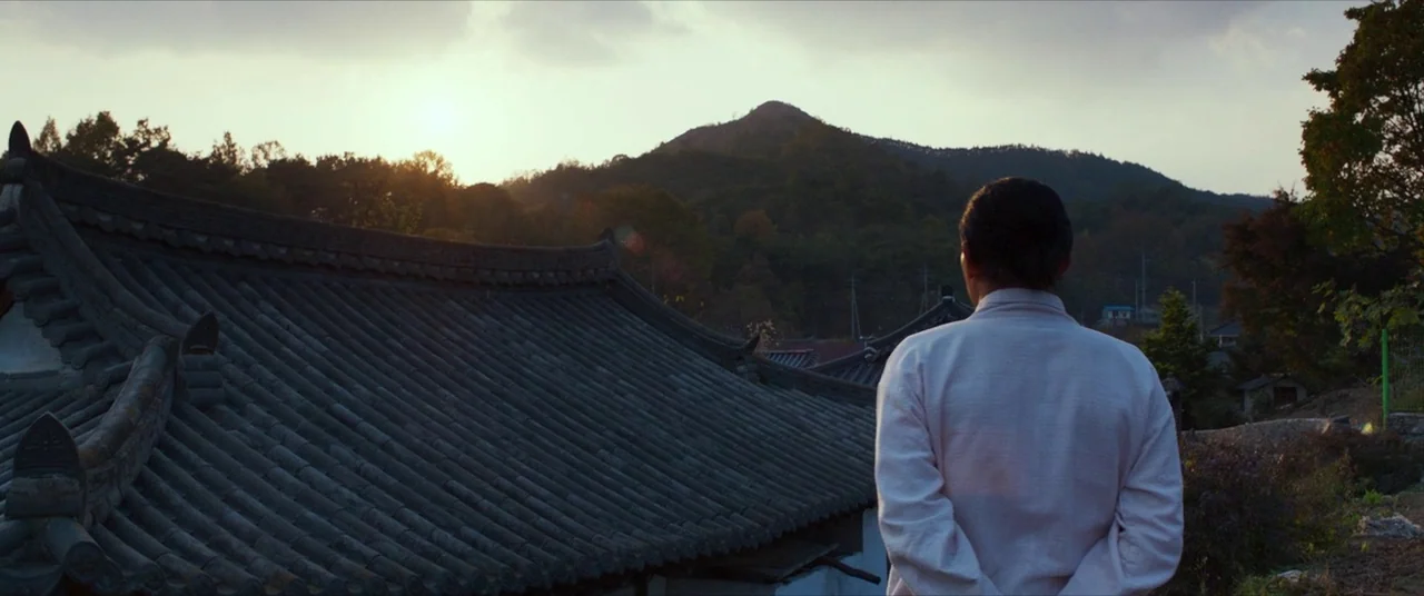 The Wailing (2016) movie still: medium — A man stands on a ridge overlooking a traditional curved roof in the distance. The background features a…