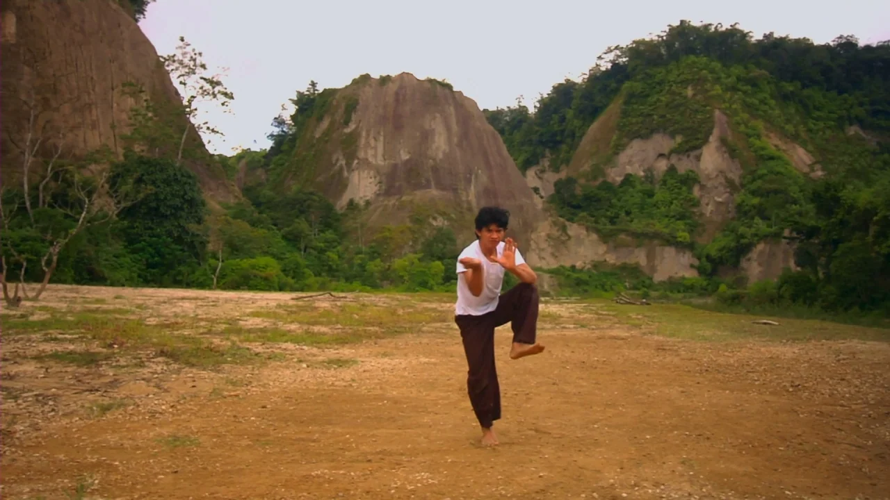 Merantau (2009) movie still: fullbody — A wide valley floor is surrounded by towering, steep rock formations and sparse vegetation. A man in a white…