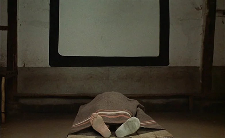 Spirit Of The Beehive (1973) movie still: wide — A spare interior wall features a large white rectangle bordered in thick black paint. A person lies…