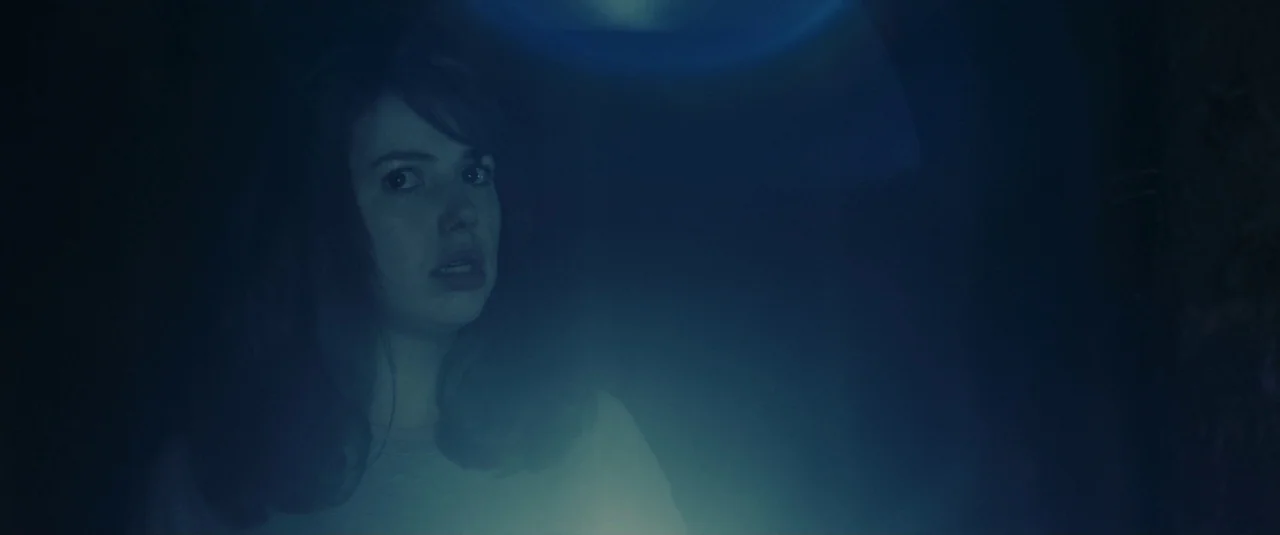 The Hole in the Ground (2019) movie still: closeup — A person stands in an unidentifiable dark, cavernous interior. They hold a light source that…