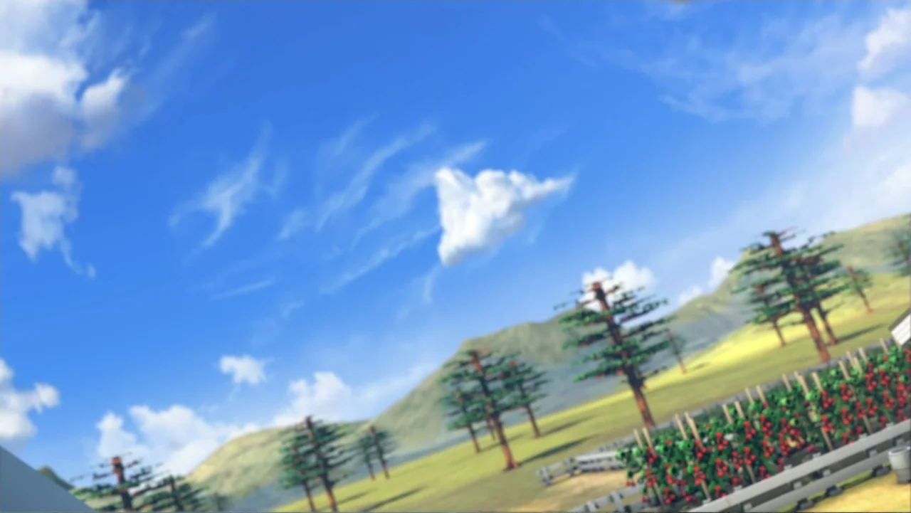 dutch angle shots example from LEGO DC: Shazam! Magic and Monsters: A bright apple orchard with rows of small trees set against rolling green hills. T