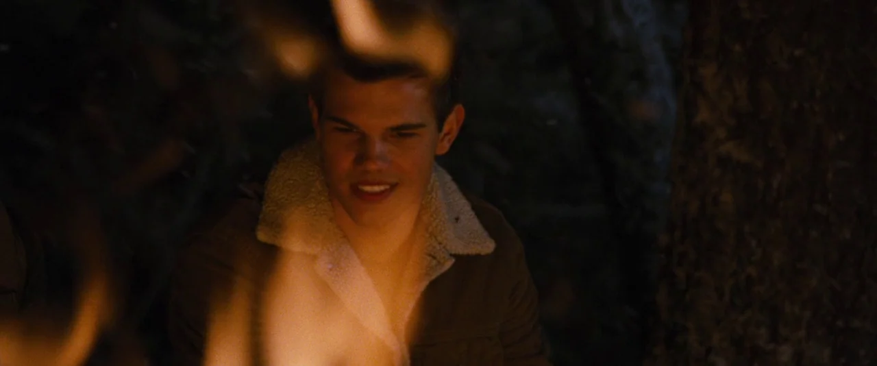 The Twilight Saga: Breaking Dawn – Part 2 (2012) movie still: medium — A man sits by a campfire at night in a wooded area. The flames are in the…