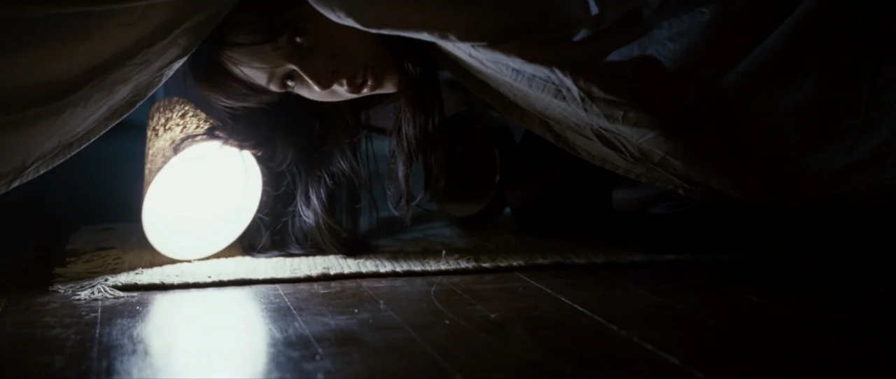 The Haunting in Connecticut (2009) movie still: closeup — A dark interior space with a person lying on wooden floorboards under a sheet. The person…