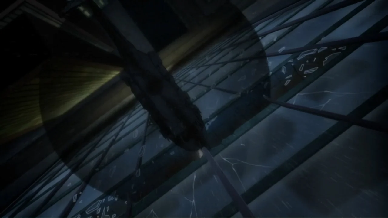 dutch angle shots example from Batman: Assault on Arkham: A fractured glass window pane looks out over a dark urban nightscape. The pane is heavily cr