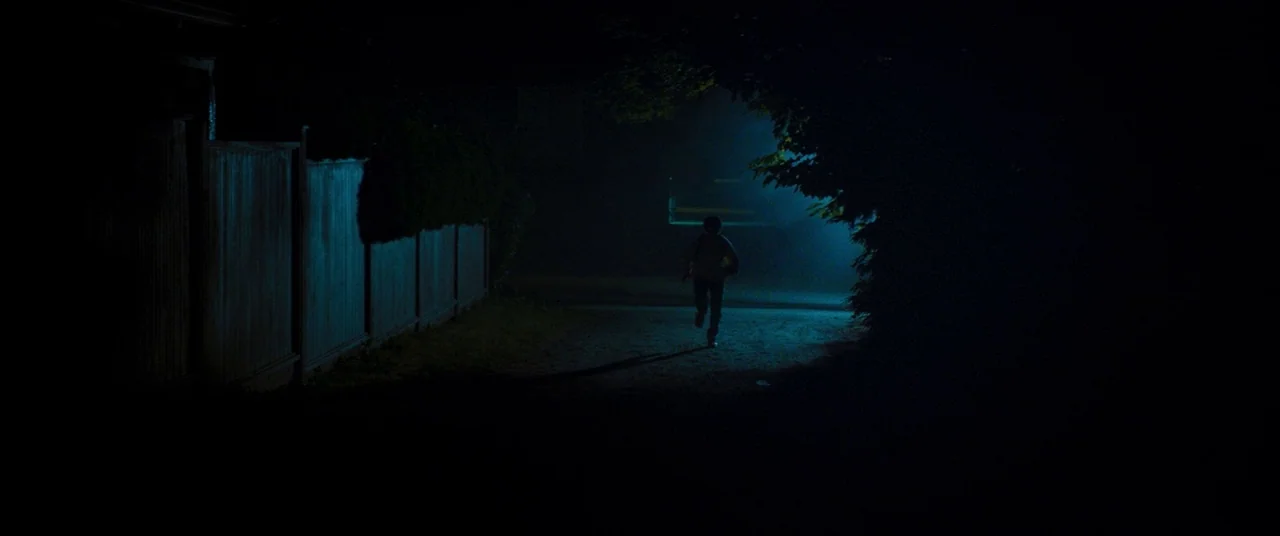 Summer of 84 (2018) movie still: wide — A dark, narrow outdoor path bordered by a high wooden fence and dense foliage. A solitary person runs into…