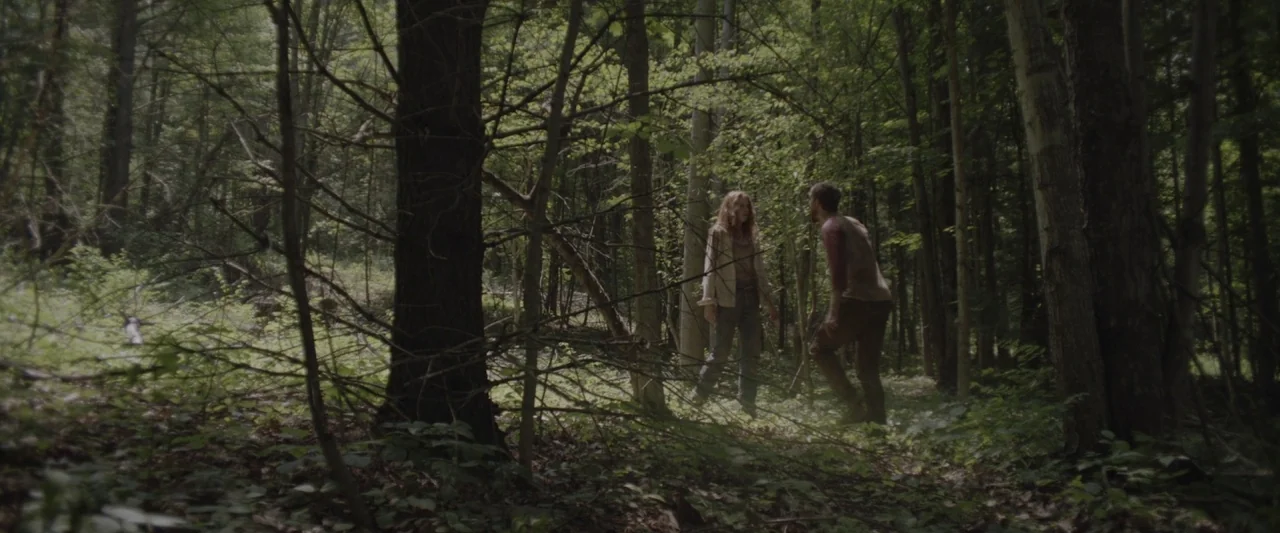 Here Alone movie still: wide — A dense woodland area filled with tall trunks and tangled underbrush on the ground. Two people stand near each other…