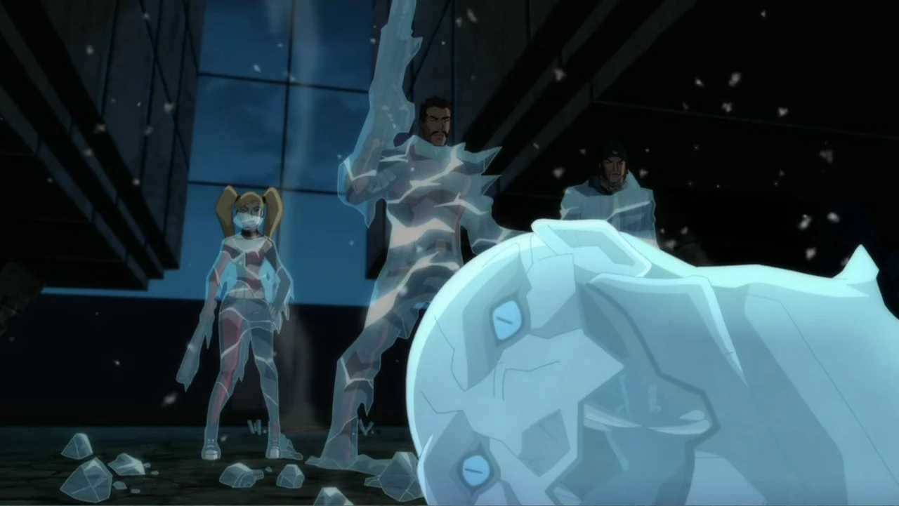 Suicide Squad: Hell to Pay (2018) movie still: fullbody — A dark, nighttime urban plaza is illuminated by glowing blue ice formations. Three…