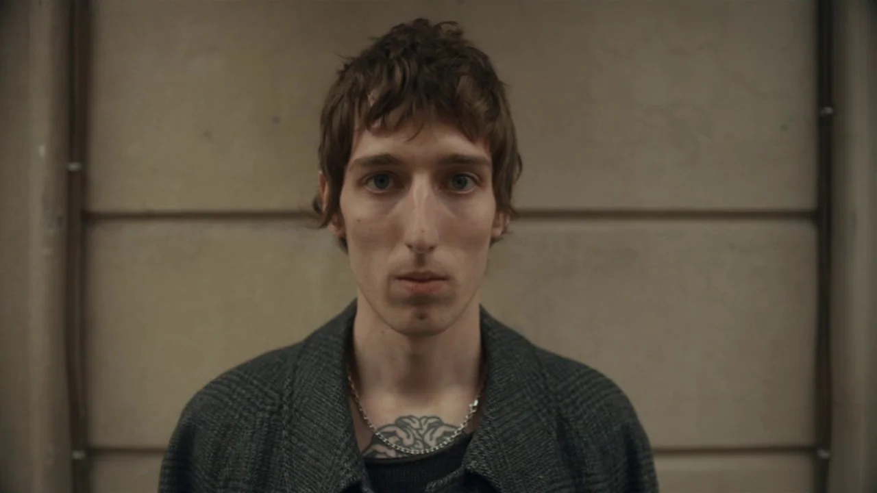 Amanda (2022) movie still: medium — A man stands in front of a neutral grey concrete wall with horizontal lines. He faces the camera directly while…