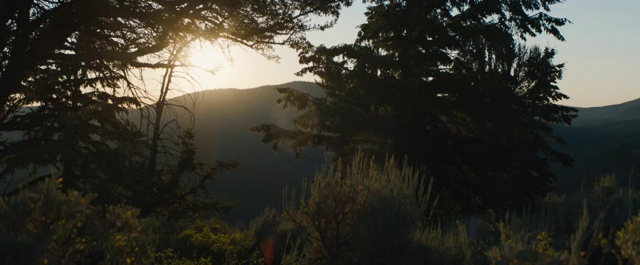 Damsel (2018) movie still: establishing — A mountainous landscape viewed through silhouetted evergreen trees during the late afternoon. The sun…