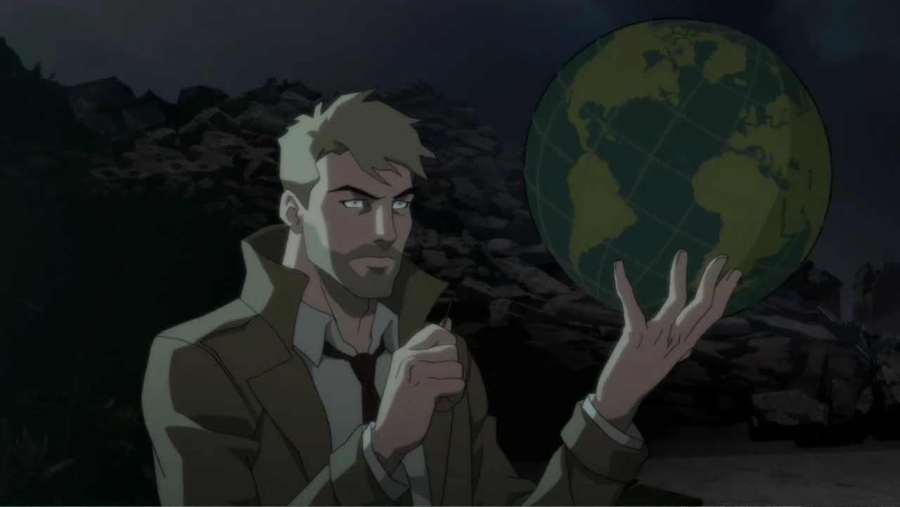 Justice League Dark: Apokolips War (2020) movie still: medium — A dark, desolate landscape filled with piles of stone debris and wreckage. A man…
