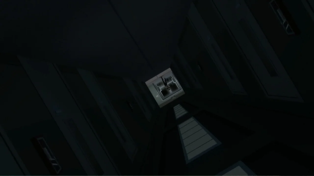 dutch angle shots example from Justice League Dark: A long, darkened industrial corridor extends towards a brightly lit doorway in the distance. A lon