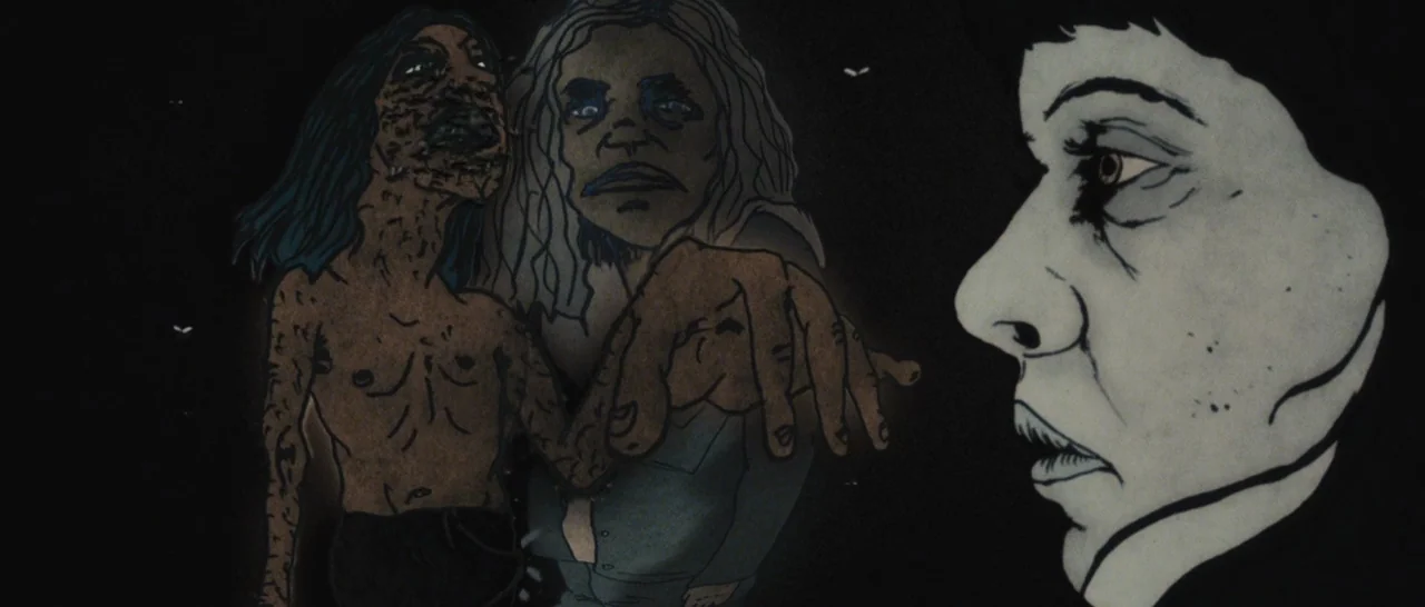 The Diary of a Teenage Girl (2015) movie still: medium — An abstract dark void features hand-drawn figures with rough line art and textured fills. A…