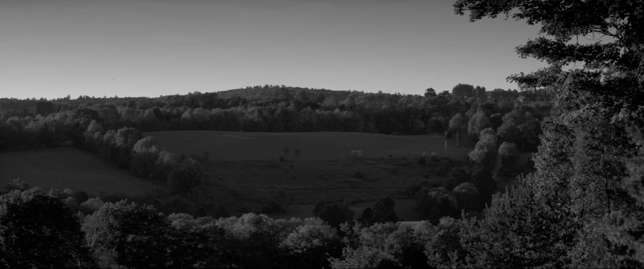The Eyes of My Mother (2016) movie still: establishing — A wide, expansive rural valley is surrounded by dense, mature deciduous forests. Rolling…