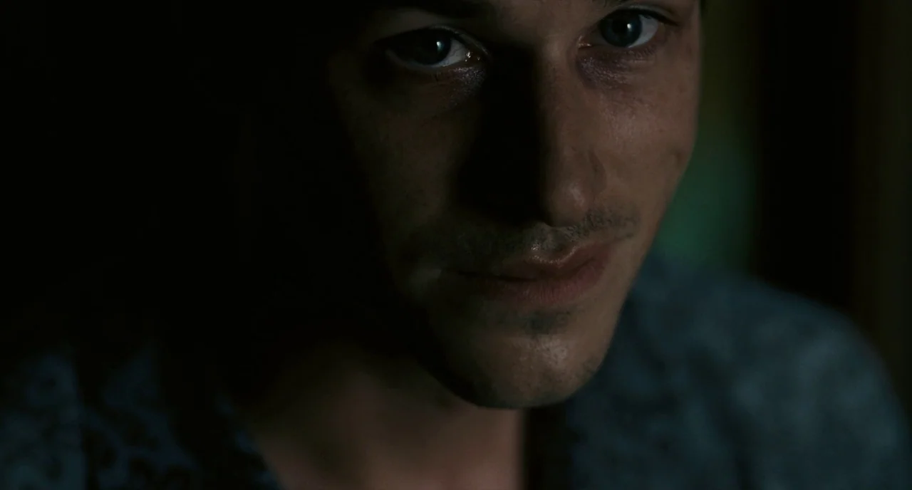 It’s Only The End Of The World (2016) movie still: closeup — A man's face is partially obscured by deep shadow in a dark indoor environment. He…