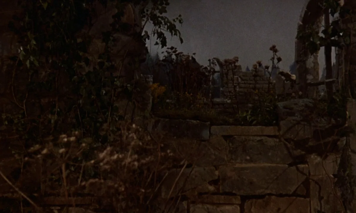 Vampire Circus (1972) movie still: establishing — An exterior view of stone ruins overgrown with ivy and dried wild plants. The stone wall structure…