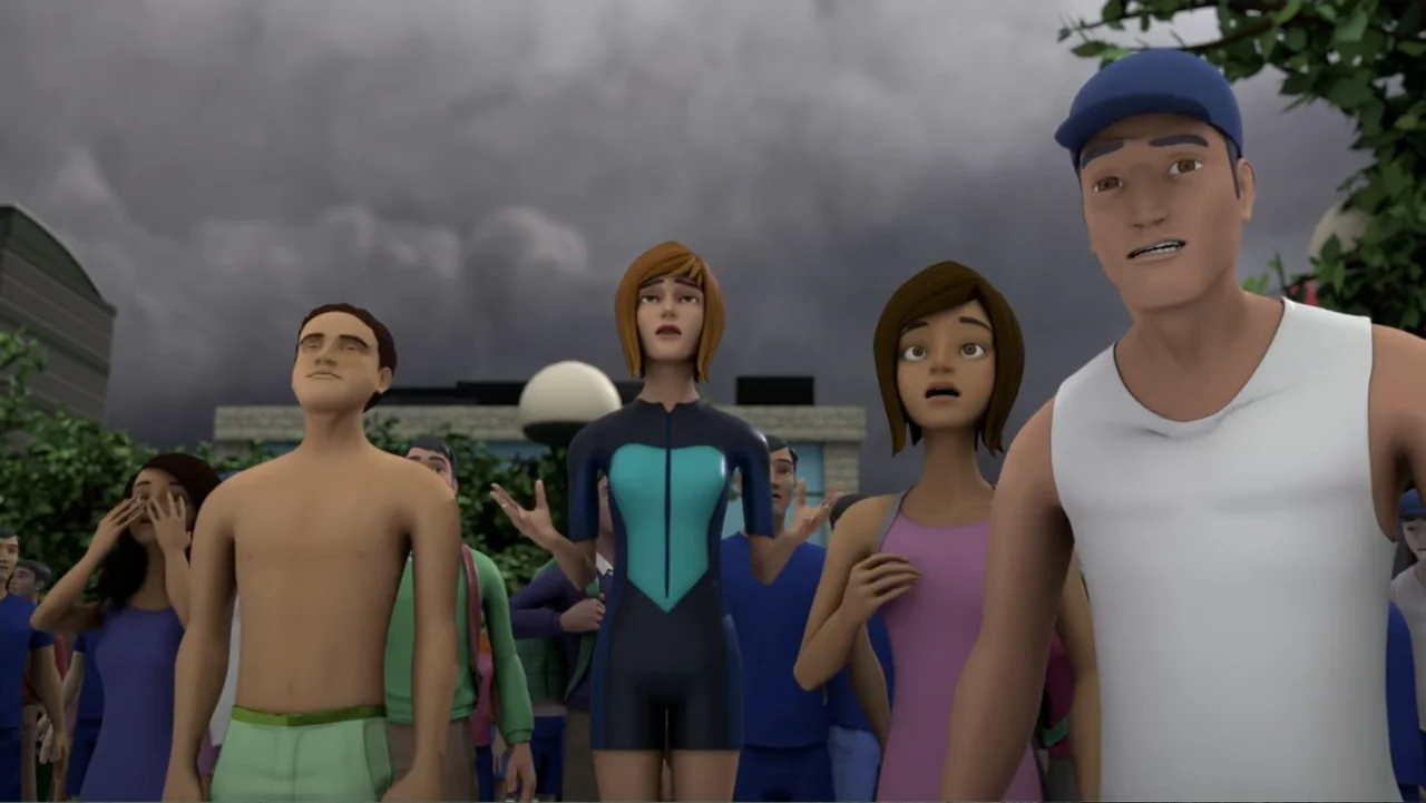 Max Steel: Turbo Warriors (2017) movie still: medium — An outdoor area with a dark, overcast, cloudy sky overhead. A small group of people stand in…