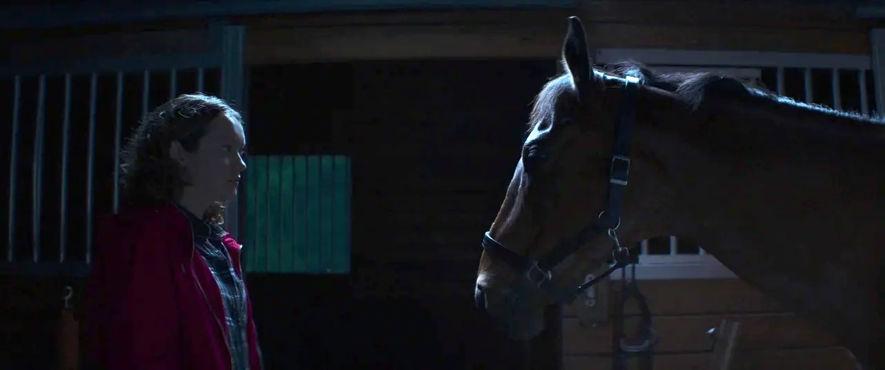 Thoroughbreds (2017) movie still: medium — A dark wooden stable enclosure at night with horizontal slats visible in the background. A woman in a red…