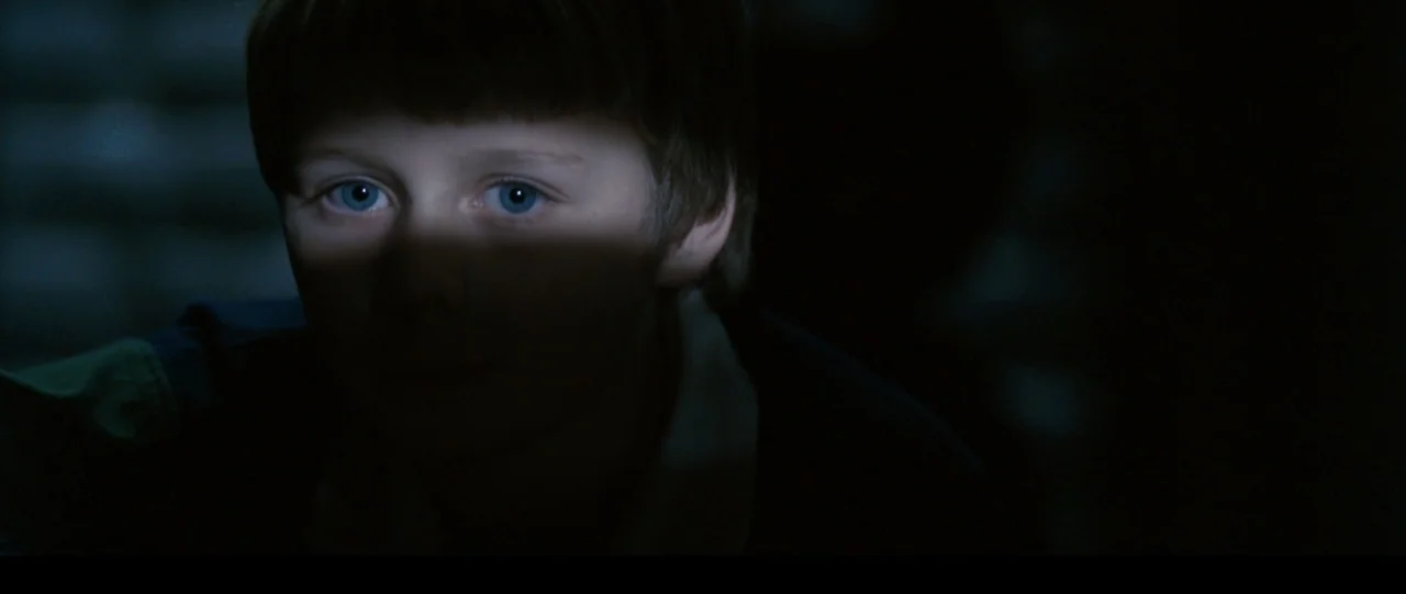 The Haunting in Connecticut (2009) movie still: closeup — A dark, nondescript room is obscured by heavy shadow. A young child stares forward while…
