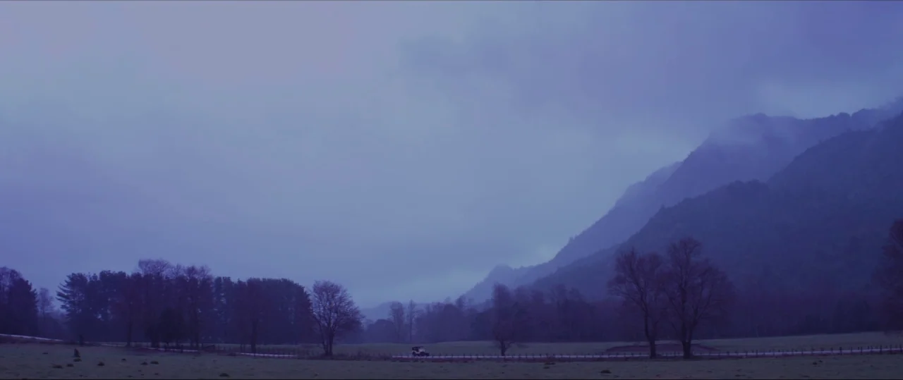 Neruda (2016) movie still: establishing — A vast, open valley is framed by misty, tree-covered mountains under a heavy overcast sky. A small,…
