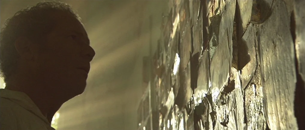 Session 9 (2001) movie still: medium — An interior wall covered in many overlapping photographs lit by soft daylight. A man in profile looks at the…
