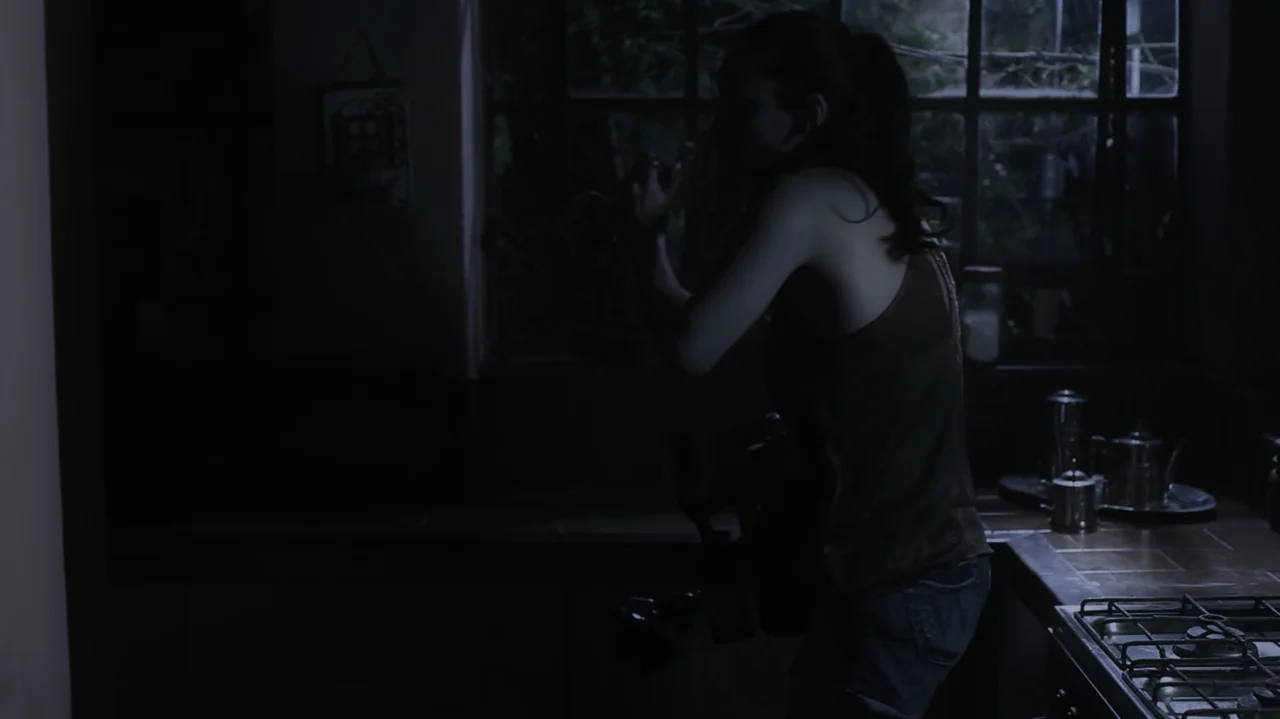 Still Life (2013) movie still: medium — A dark kitchen interior featuring a window overlooking an indistinct outdoor area at night. A young woman…