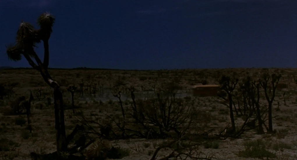 A Nightmare On Elm Street 2: Freddy’s Revenge (1985) movie still: establishing — A dark desert landscape filled with scattered Joshua trees and dry,…