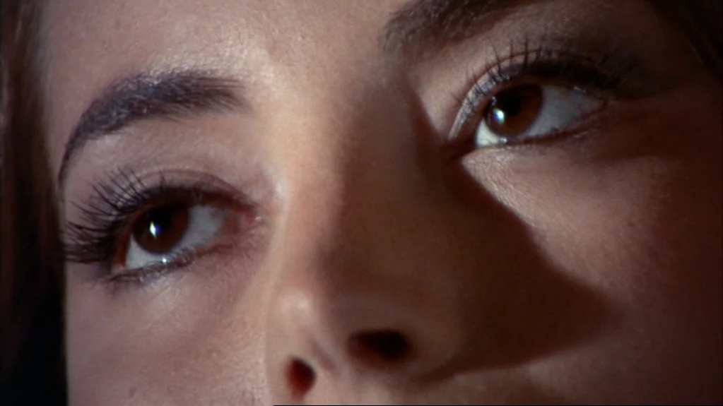 Accident (1967) movie still: closeup — A close-up view focuses on the eyes and bridge of a woman's face. The harsh lighting accentuates her features…