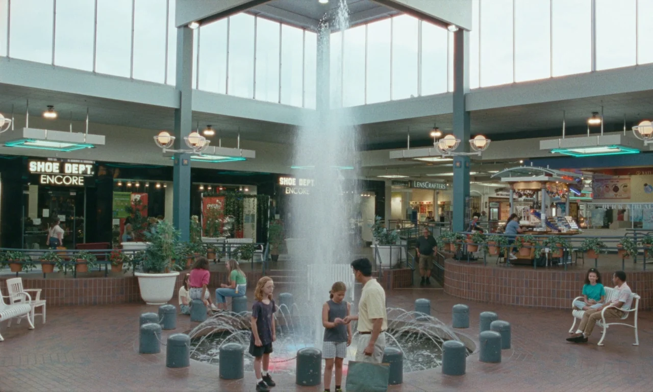 Janet Planet (2023) movie still: wide — A 1990s shopping mall interior features a central water fountain under a glass skylight. A man talks to two…