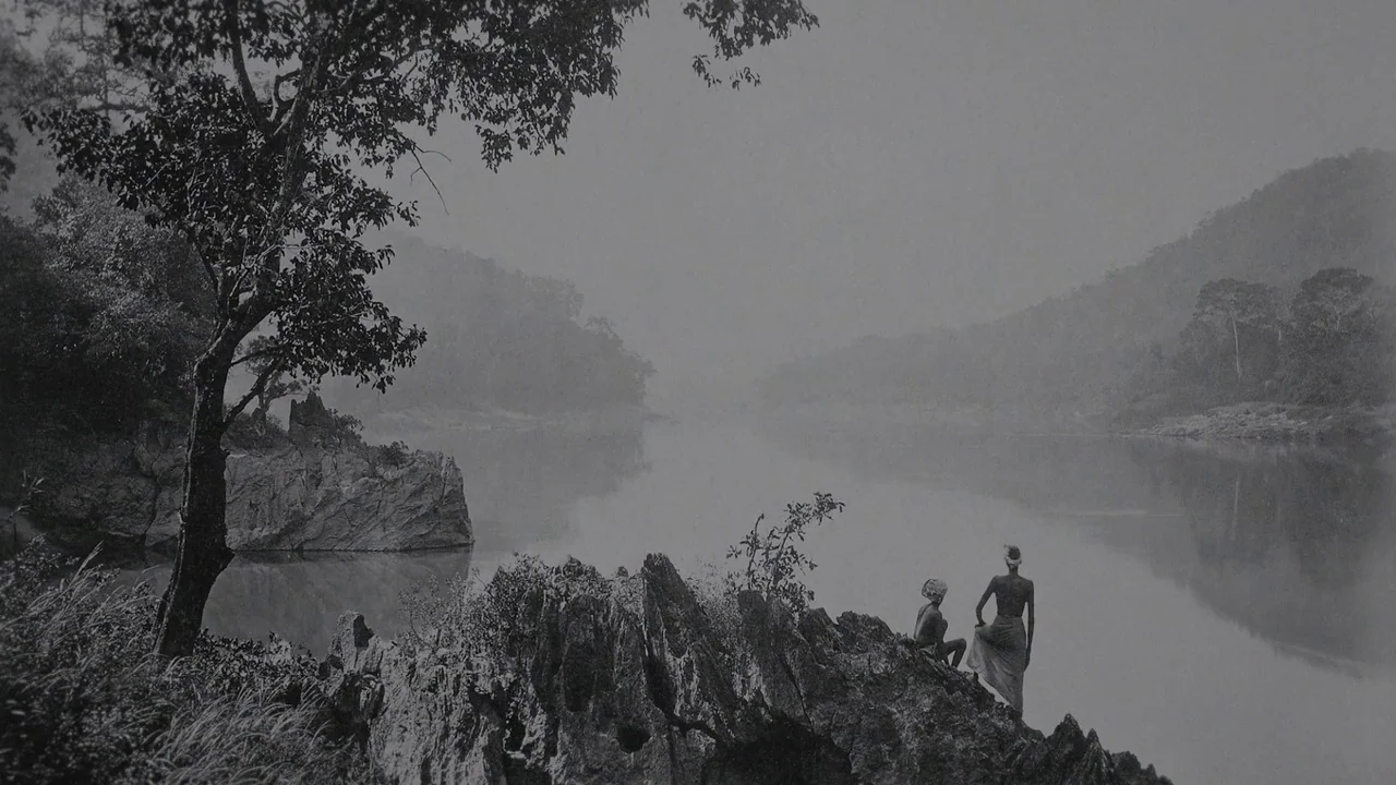 The Field Guide to Evil (2018) movie still: wide — A wide view of a calm, reflective river surrounded by mist-covered rolling hills. Two people…