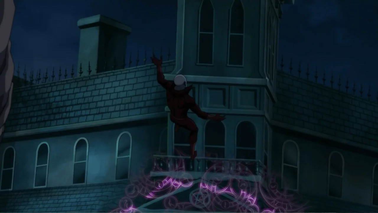 Justice League Dark (2017) movie still: wide — A large dark house with a shingle roof and a prominent central chimney tower. A red-clad figure…