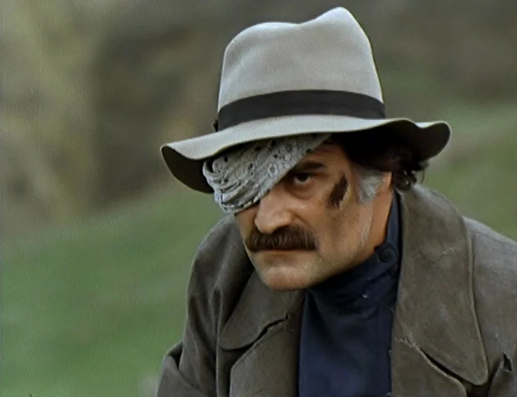 The Wishing Tree (1977) movie still: closeup — An outdoor location with out-of-focus green grass in the background. A man with a mustache and an eye…
