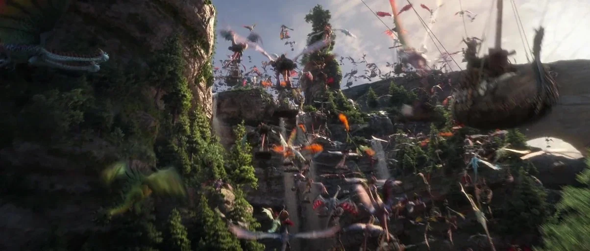 How to Train Your Dragon: The Hidden World (2019) movie still: wide — A dense cluster of dragons and small aerial vessels fly through a mountain…