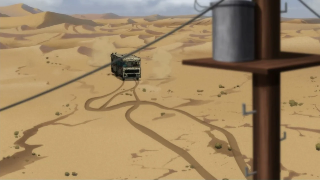 Suicide Squad: Hell to Pay (2018) movie still: wide — A vast, arid desert landscape features rolling sand dunes under a clear blue sky. A weathered…