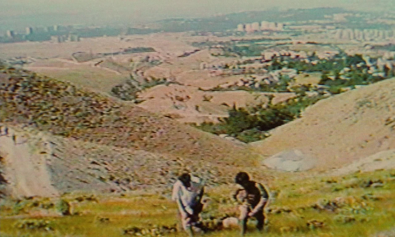 Taste of Cherry (1997) movie still: wide — An arid, grassy hillside overlooks a distant urban landscape with scattered buildings and foliage. Two…