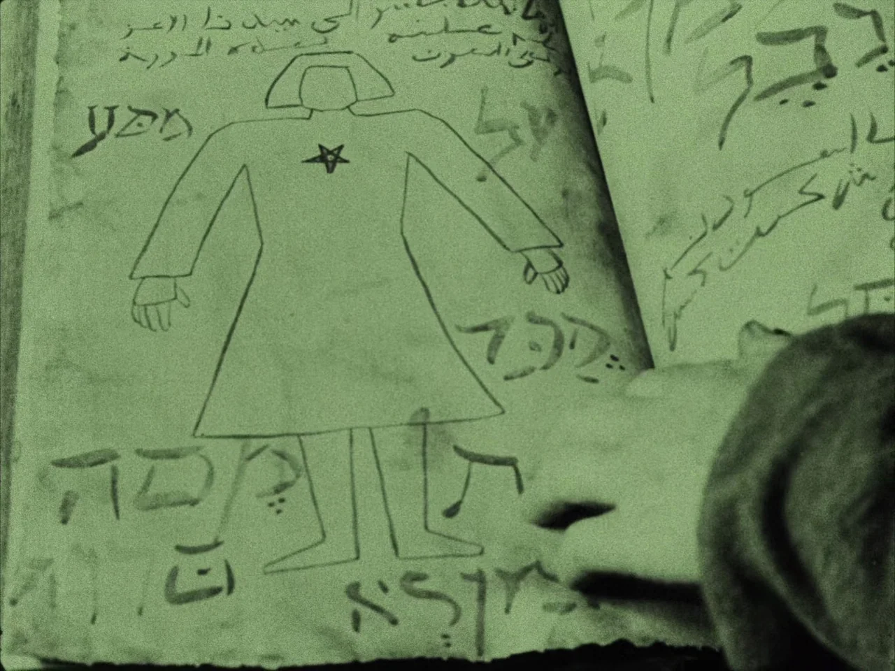 The Golem (1920) movie still: closeup — An open antique book contains a hand-drawn figure with a star on its chest. A pale human hand rests on the…