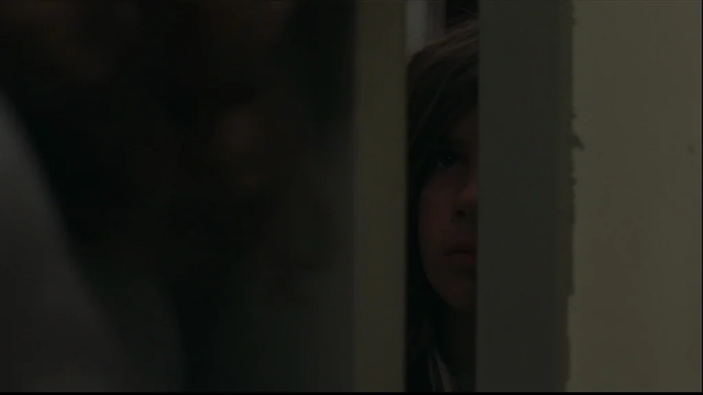 Margot At The Wedding (2007) movie still: closeup — A dark, narrow vertical gap between two solid surfaces frames a child's face. The subject looks…