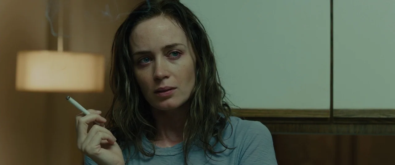 Sicario (2015) movie still: closeup — A dimly lit modern room features a wall-mounted light fixture and pale flat cabinetry. A woman with…