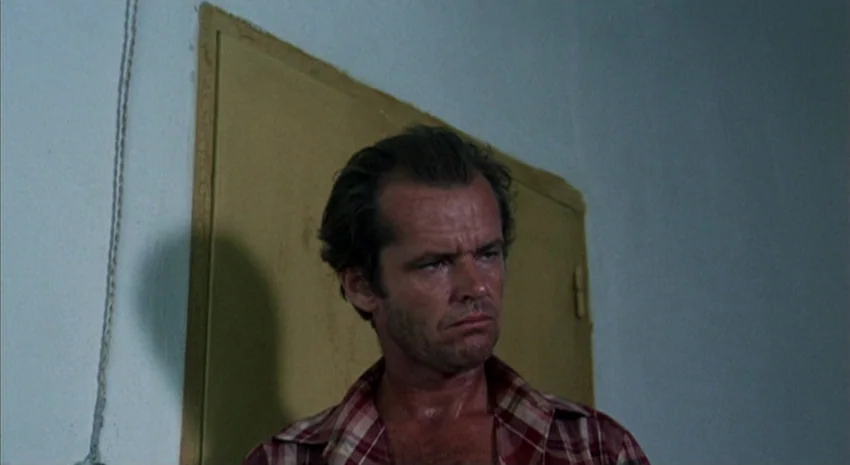 The Passenger (1975) movie still: medium — A man stands before a simple, flat-panel wooden door in a dimly lit room. He stares off-camera with a…