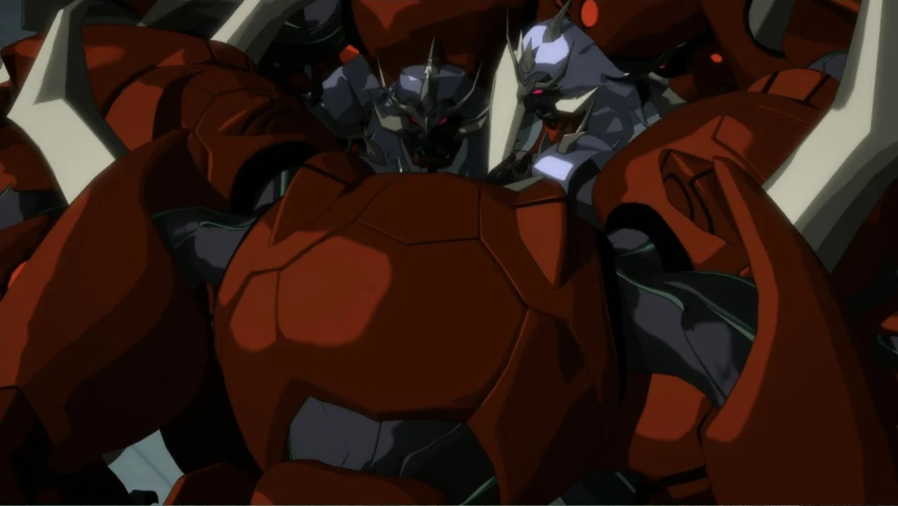 Justice League Dark: Apokolips War (2020) movie still: medium — The interior of a mecha cockpit houses two heavily armored mechanical suits. These…