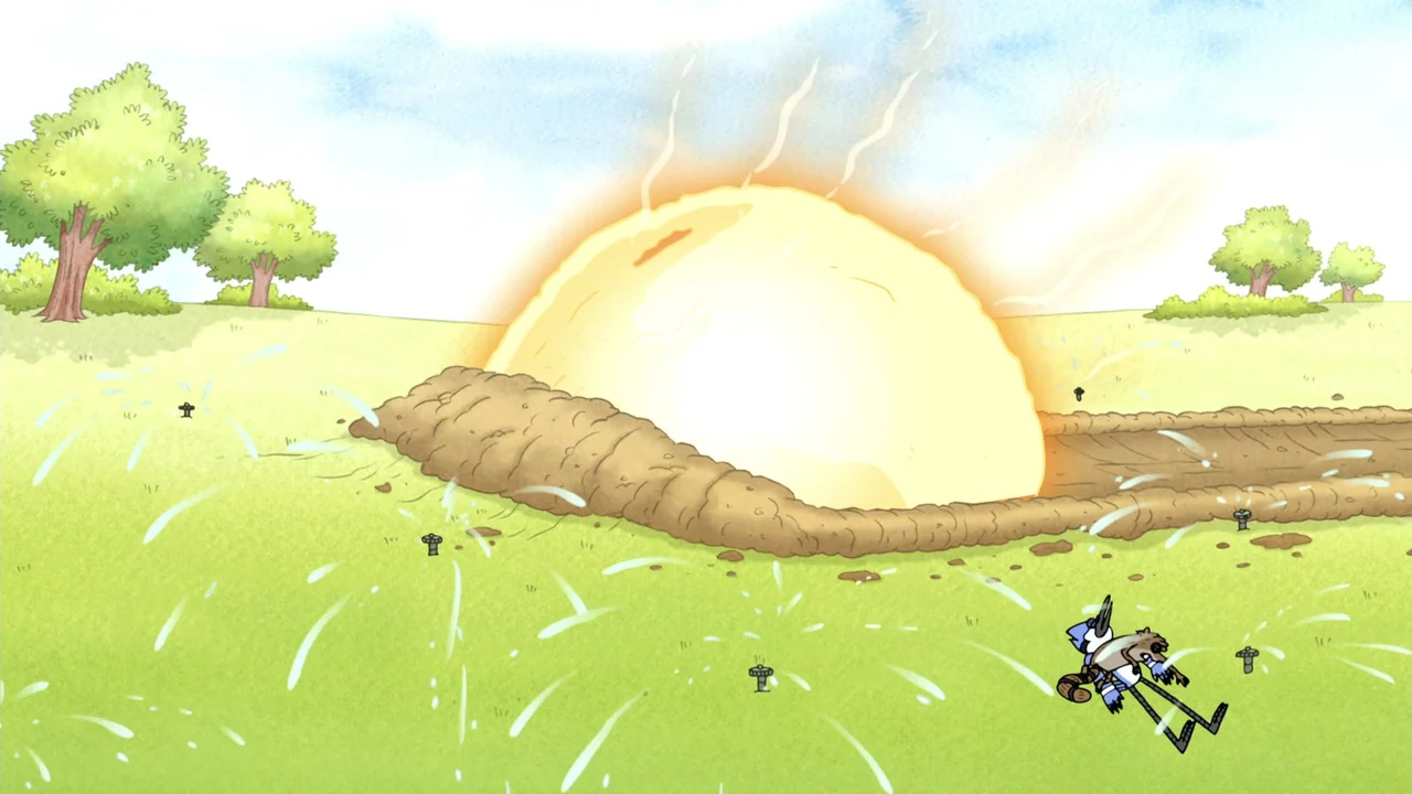 Regular Show: The Movie (2015) movie still: wide — A grassy field features a large, glowing, semi-circular object emitting steam. A cartoon bird…