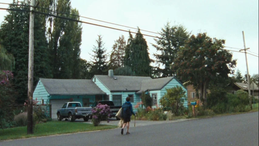 Wendy and Lucy (2008) movie still: wide — A quiet suburban street features a single-story light blue house with a gray roof. A lone teenager walks…