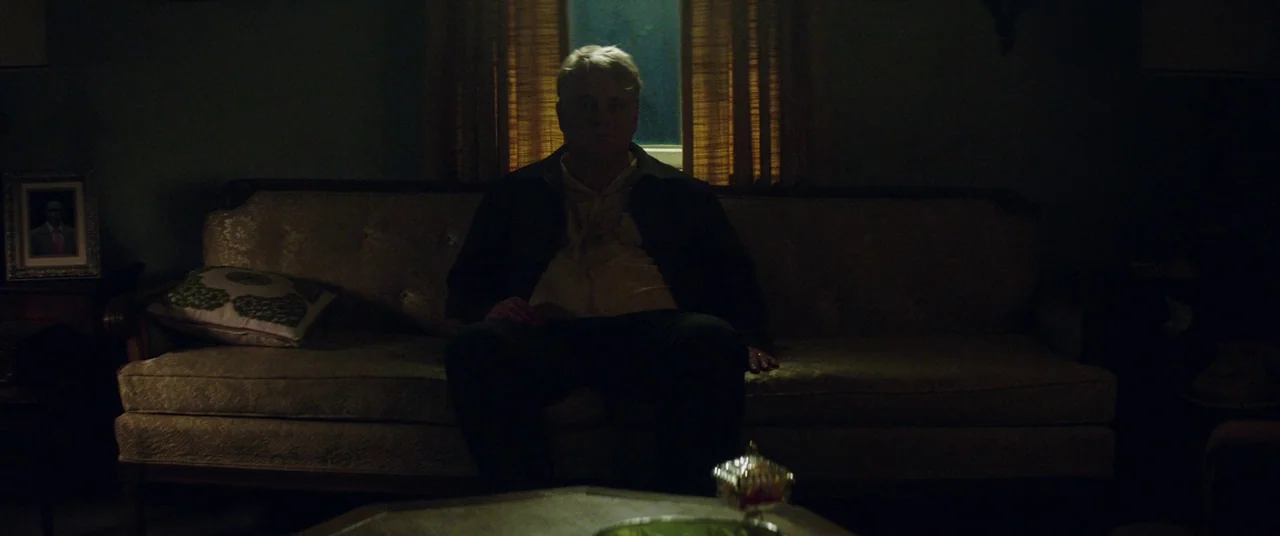 God’s Pocket (2014) movie still: medium — A dimly lit room features a man sitting centered on a fabric sofa. A window with closed curtains provides…